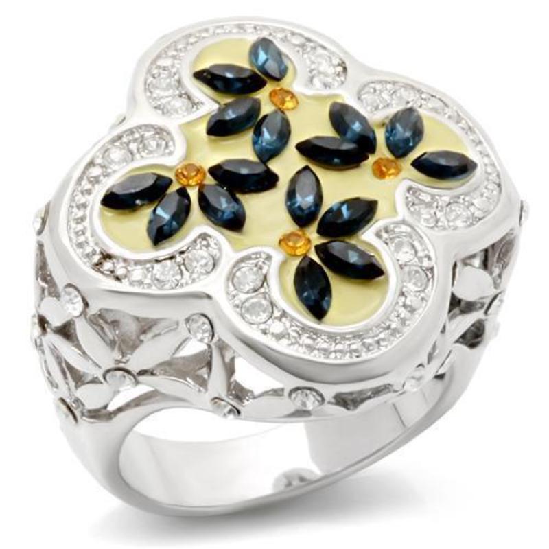 Rhodium Brass Ring with Top Grade Crystal in Multi Color