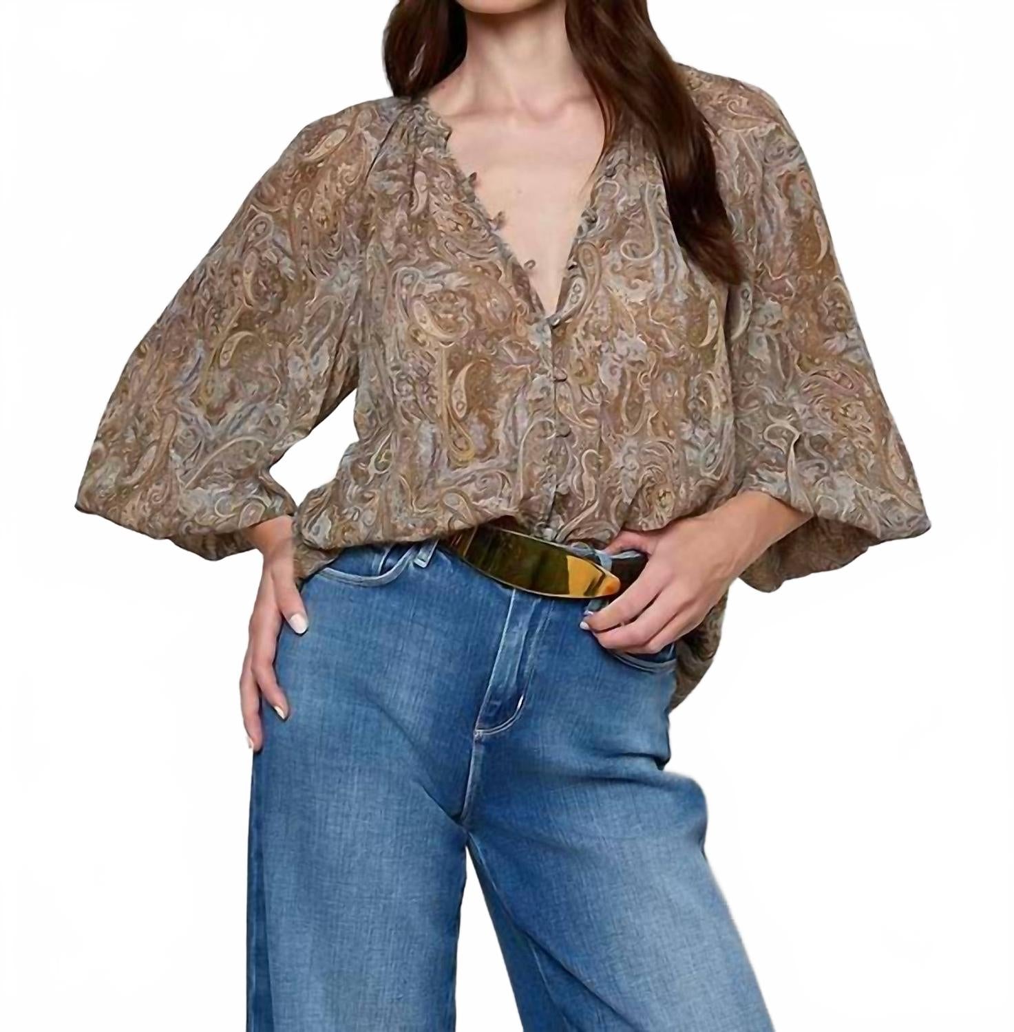 Teagan Dolman Sleeve Blouse In Neutral/blue Ditsy