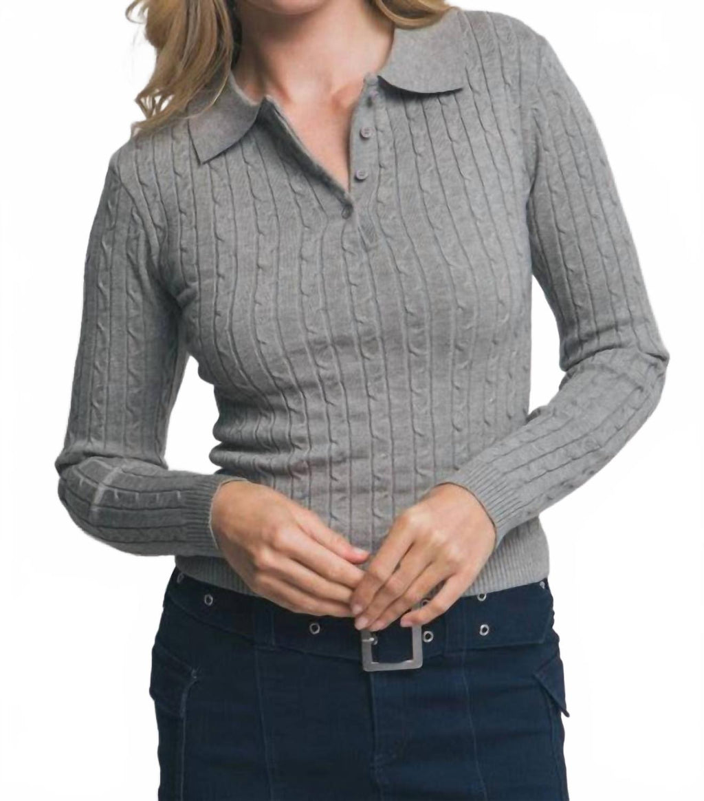 Cable Knit Polo Sweater Top In Grey