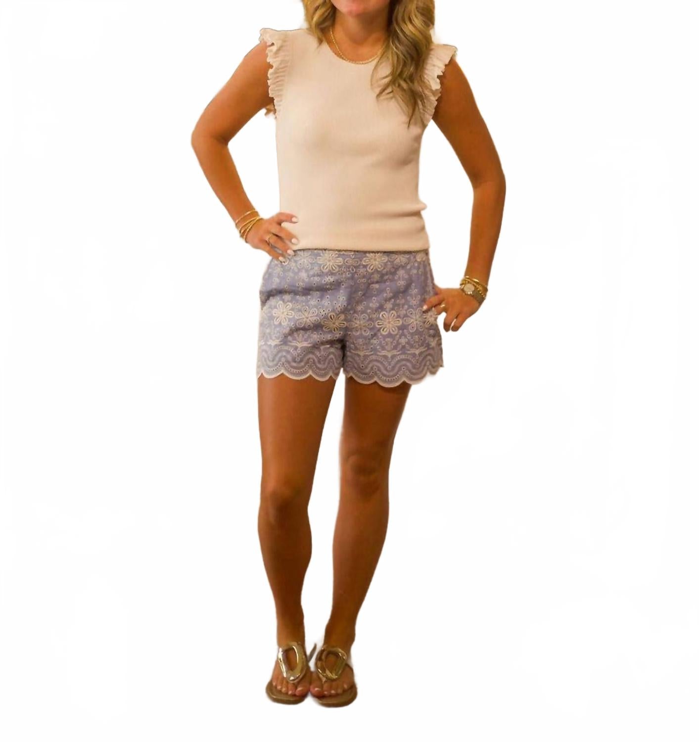 Floral Eyelet Shorts In Light Blue