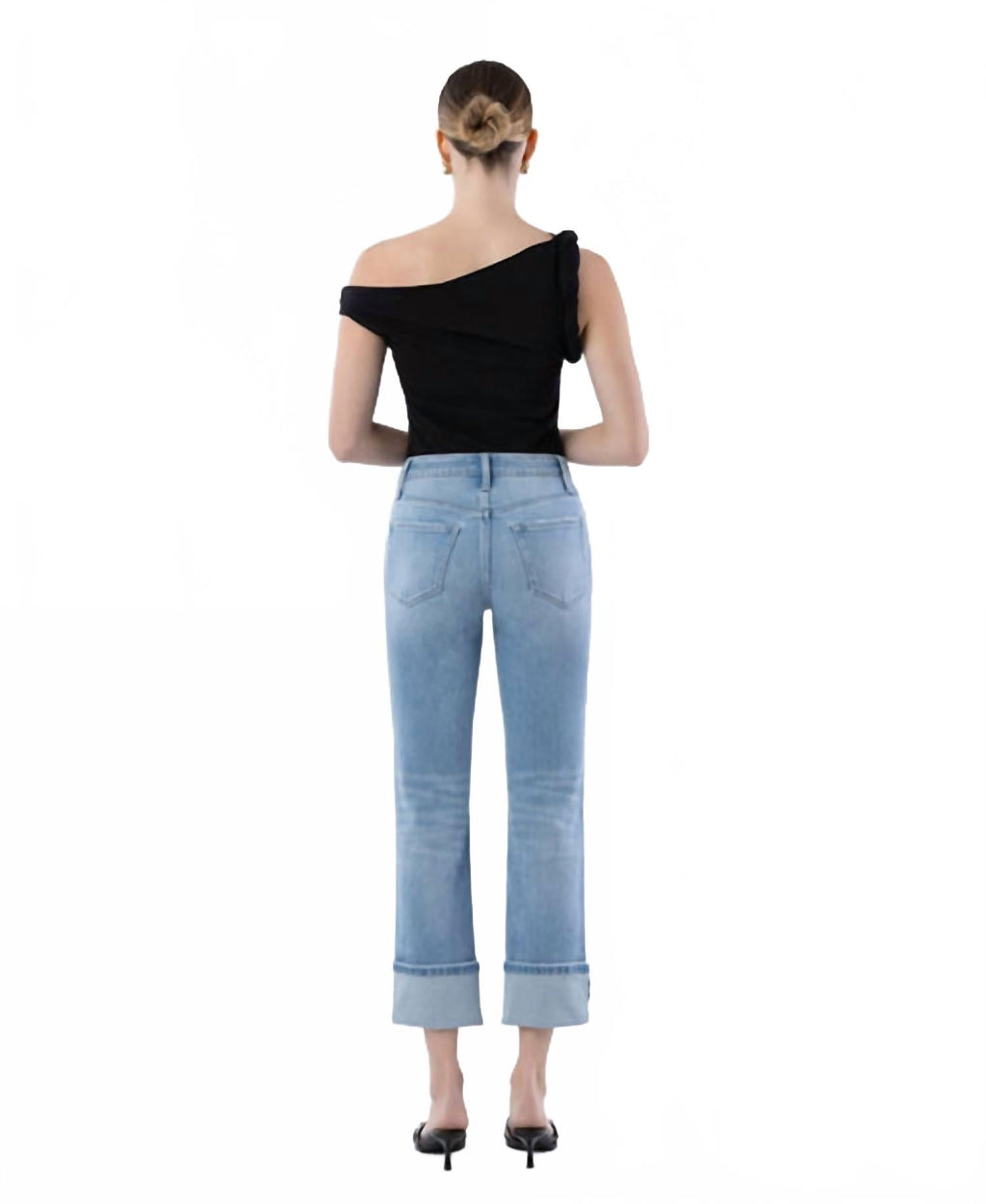 High Rise Cuff Crop Slim Straight Jeans In Light Wash