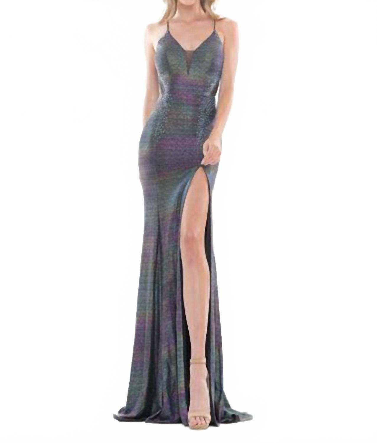 Long Spaghetti Strap Metallic Prom Gown In Turquoise Multi