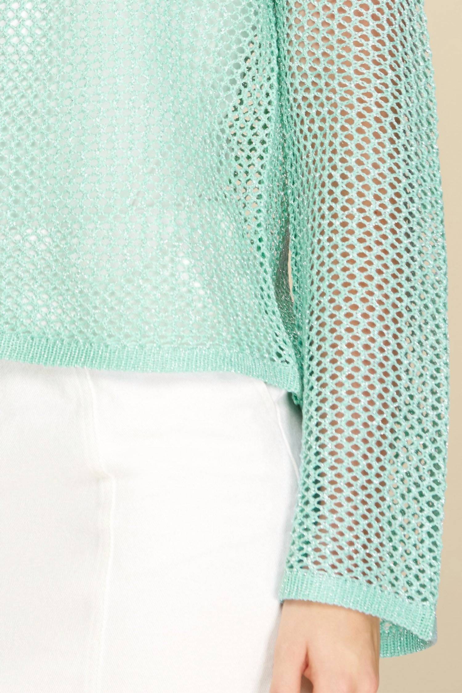 Open-Knit Metallic Thread Sweater Top In Aqua