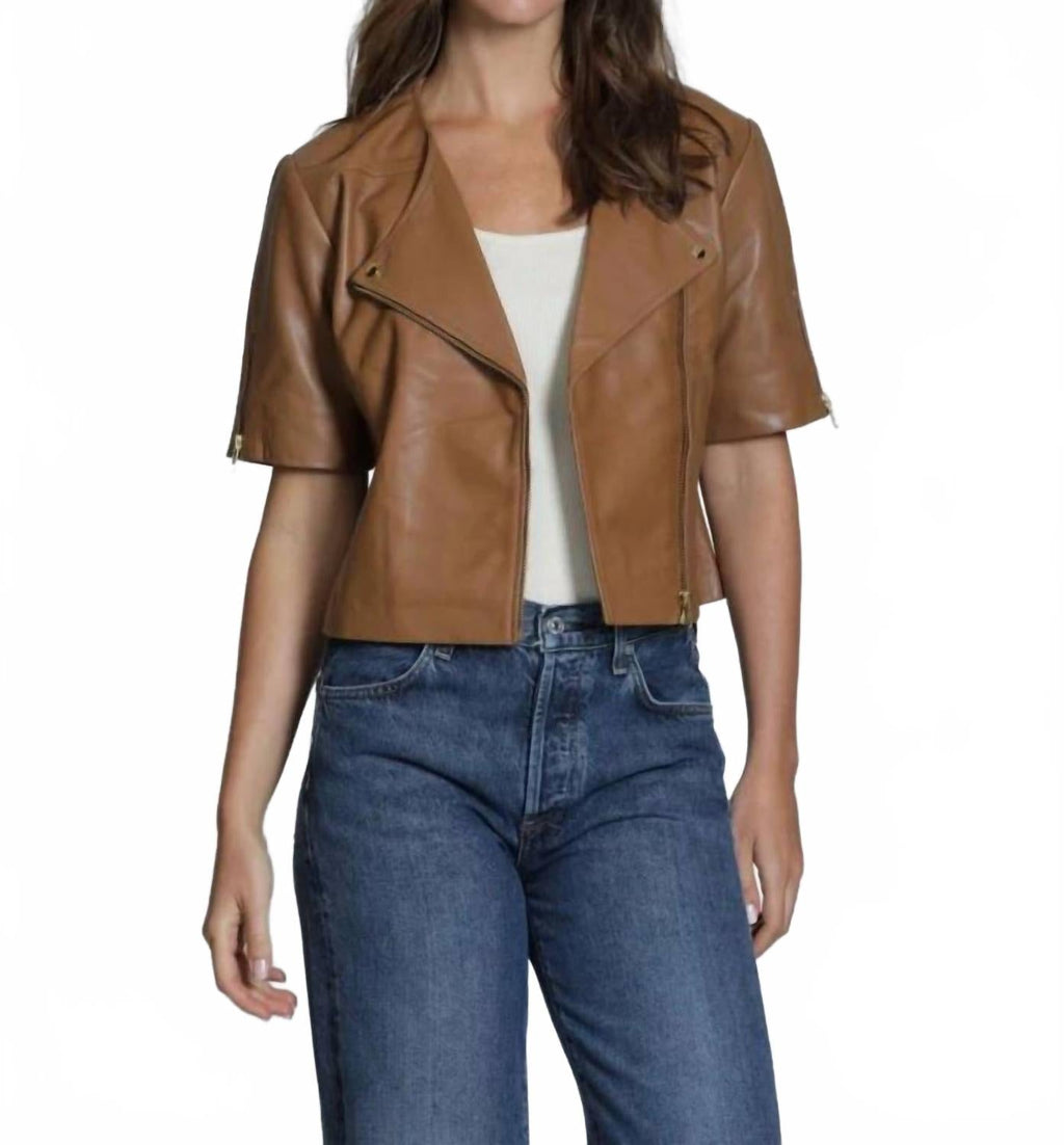 Collarless Short Sleeve Leather Moto Jacket In Mocha