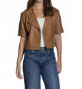 Collarless Short Sleeve Leather Moto Jacket In Mocha
