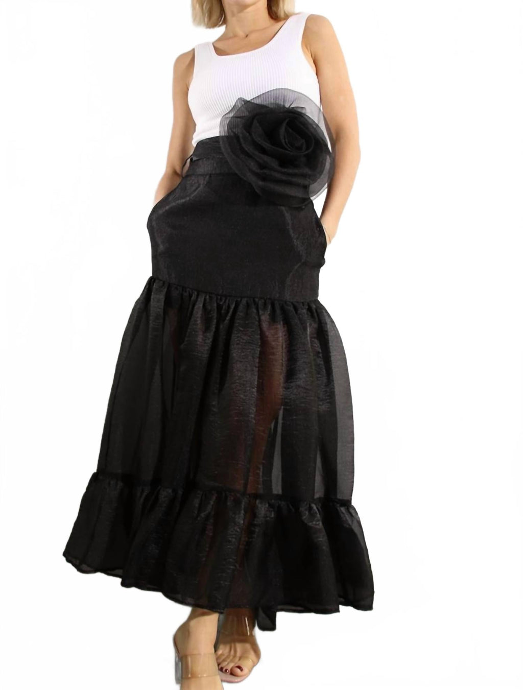 Flower Belt Organza Maxi Skirt In Black