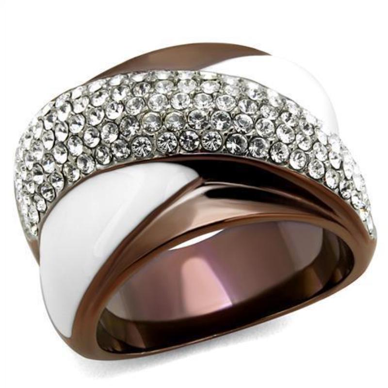 Two Tone IP Light Brown (IP Light coffee) Stainless Steel Ring with Top Grade Crystal in Clear