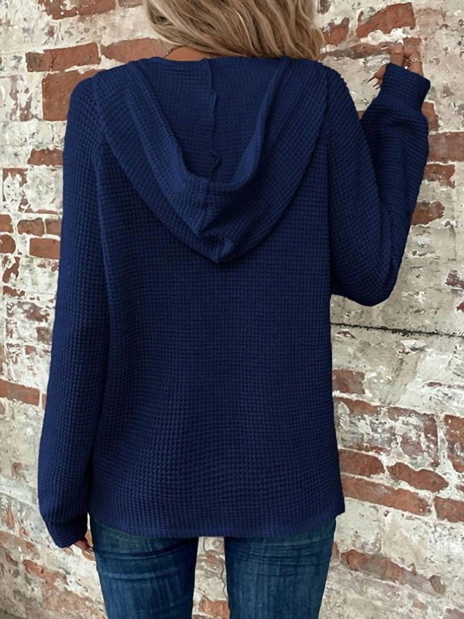 Waffle Button-Up Hoodie Pullover In Navy