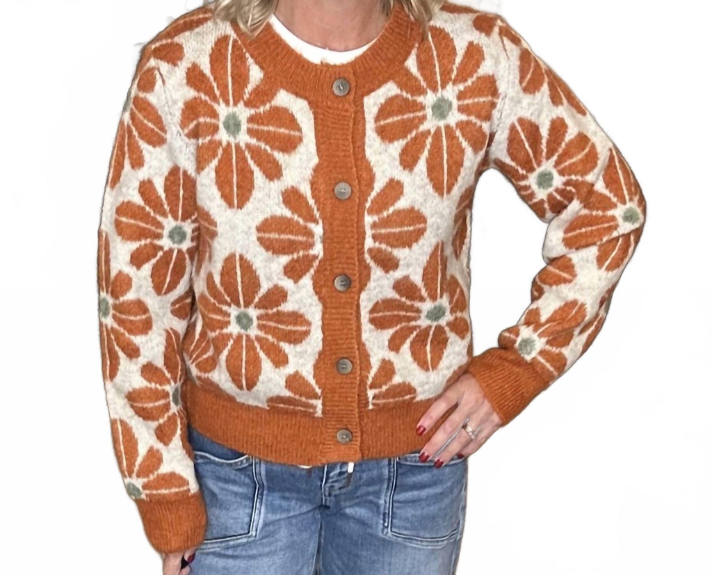 Floral Cardigan Sweater In Rust