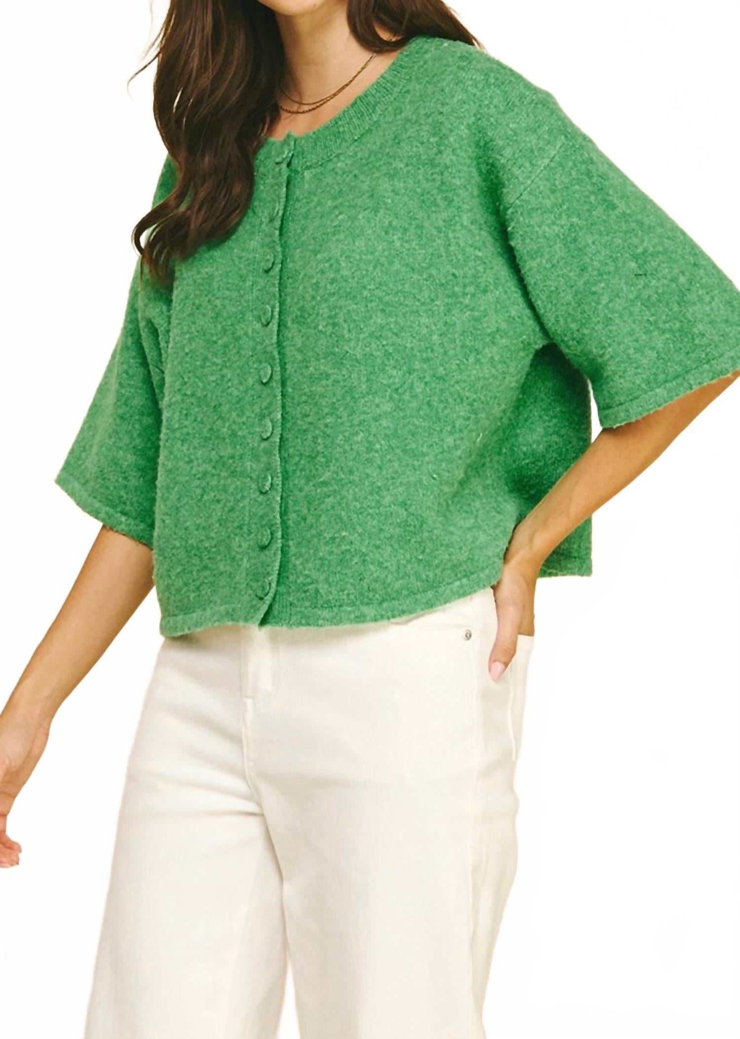 Abby Button Down Short Sleeve Sweater In Green