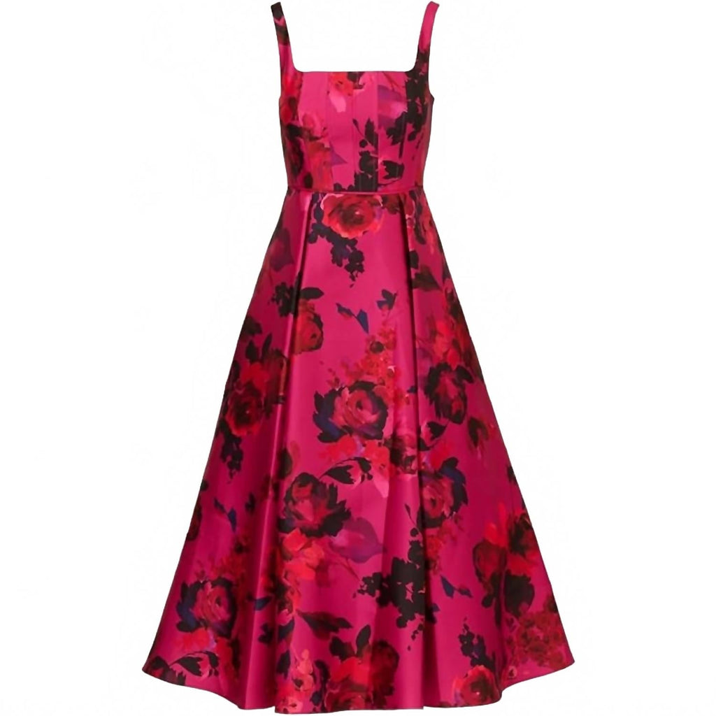 Rose Jacquard Thin Strap Square Neck Midi Dress In Pink