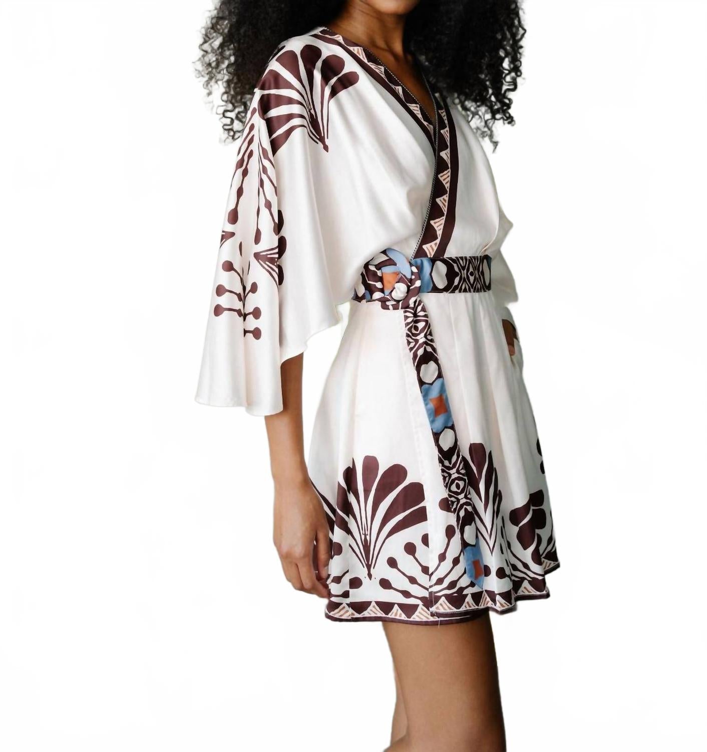 Avaele Botanical Print Mini Wrap Dress In Cream