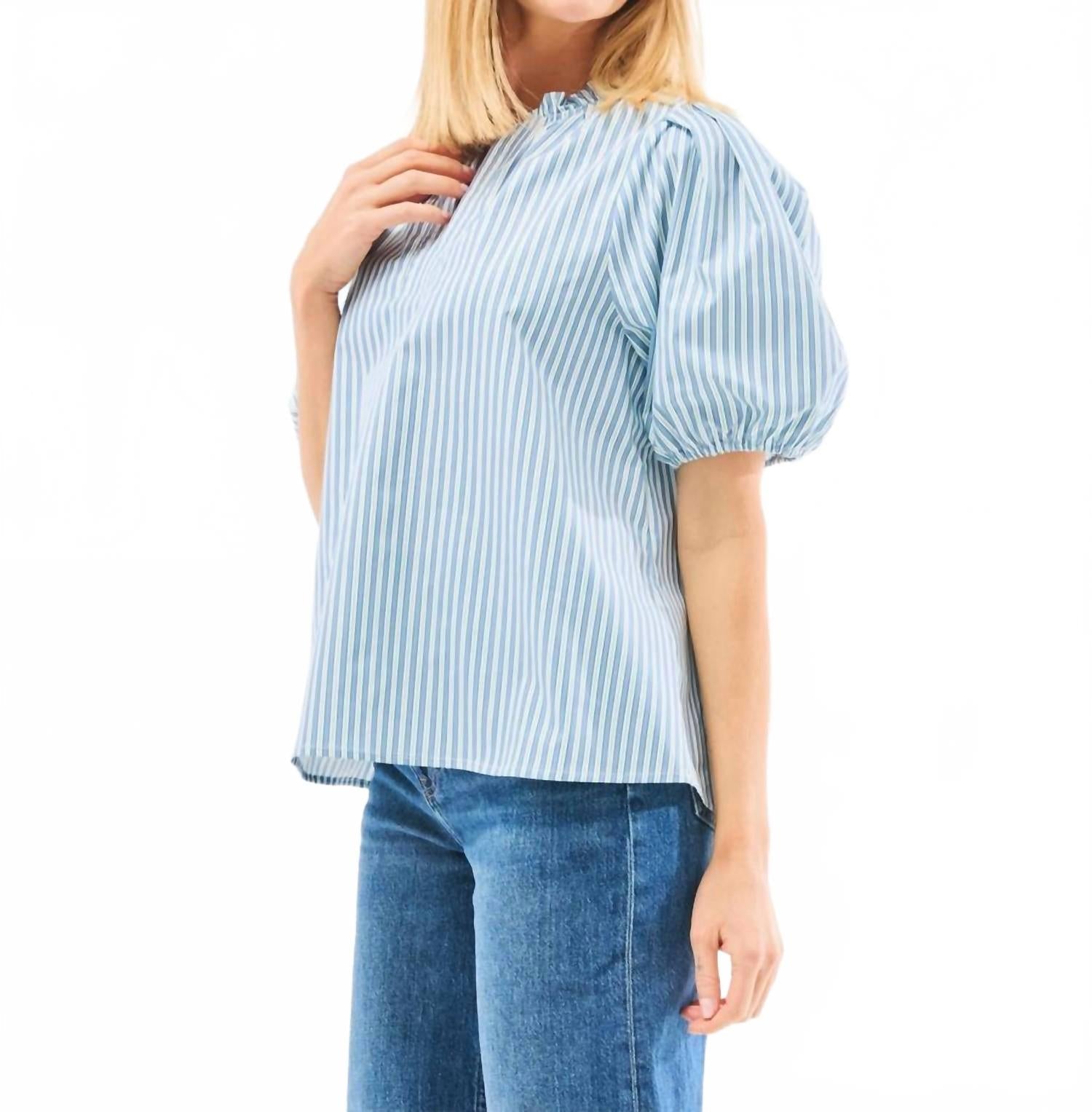 Lainey Short Puff Sleeve Top In Simple Stripe Blue/green