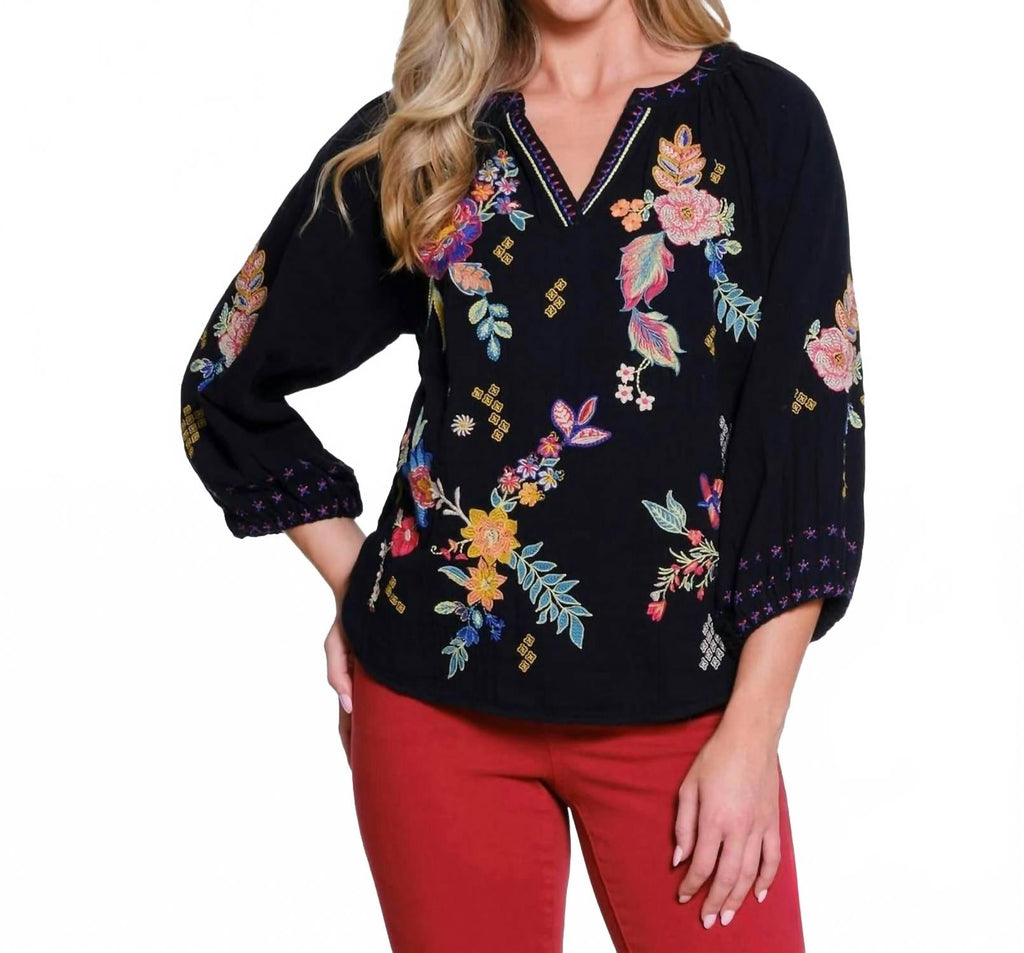 Embroidered Split Neck Top In Black