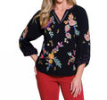 Embroidered Split Neck Top In Black