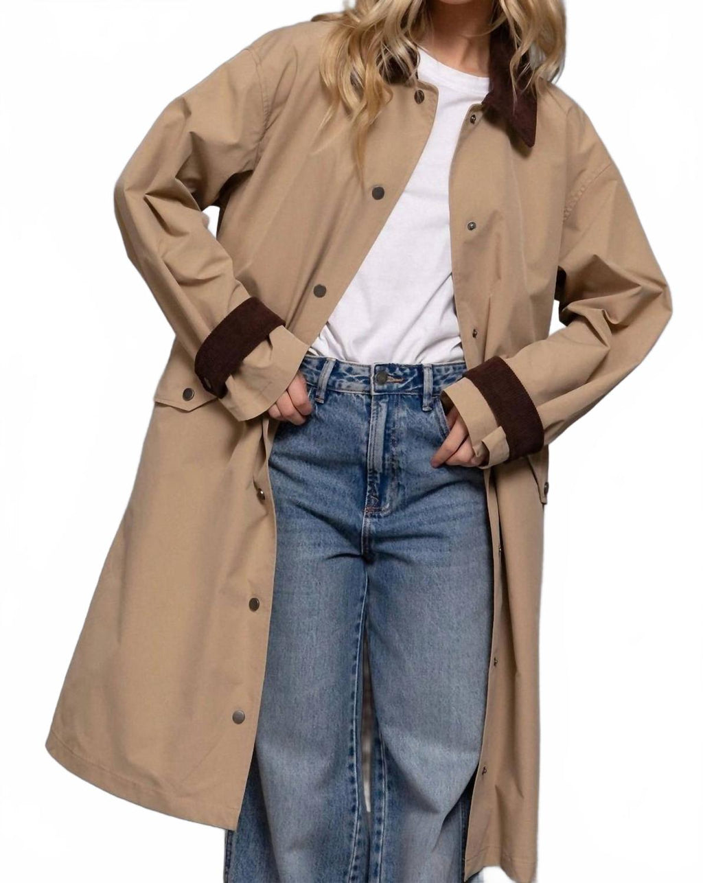 Long Sleeve Contrast Collar Button Down Trench Coat In Khaki