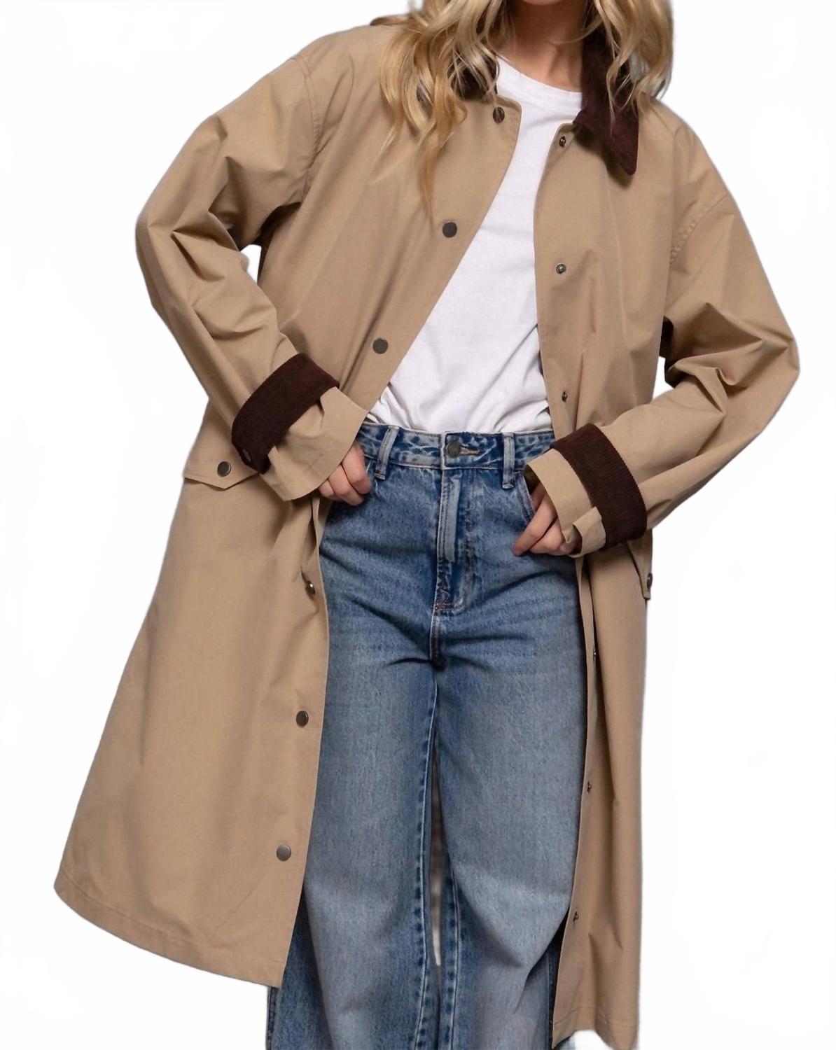 Long Sleeve Contrast Collar Button Down Trench Coat In Khaki
