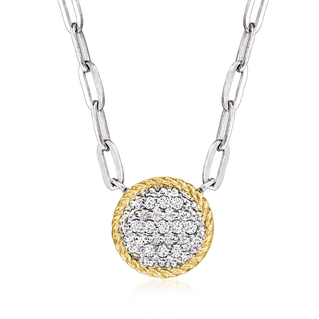 Ross-Simons Diamond Roped-Edge Circle Paper Clip Link Necklace in Sterling Silver and 14kt Yellow Gold
