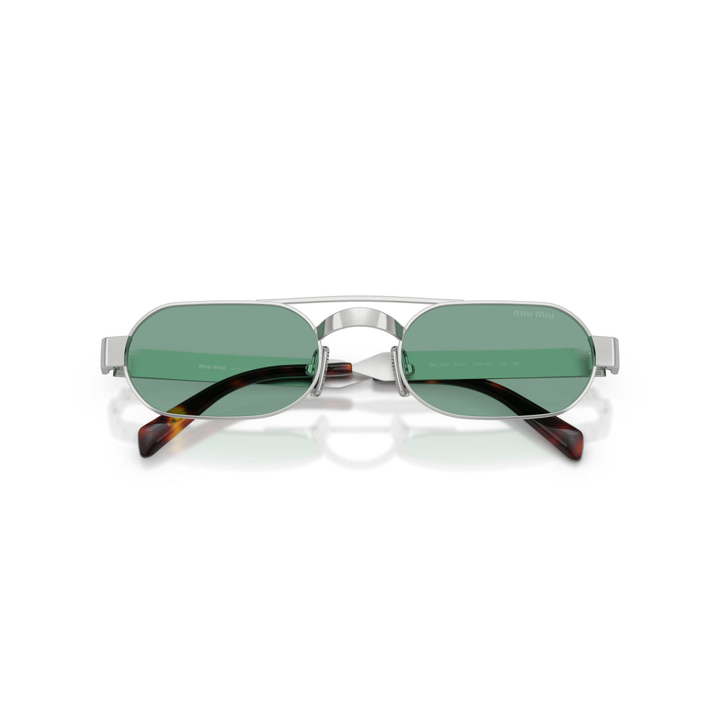 Rectangular Green Lens Sunglasses With Silver Metal Frame