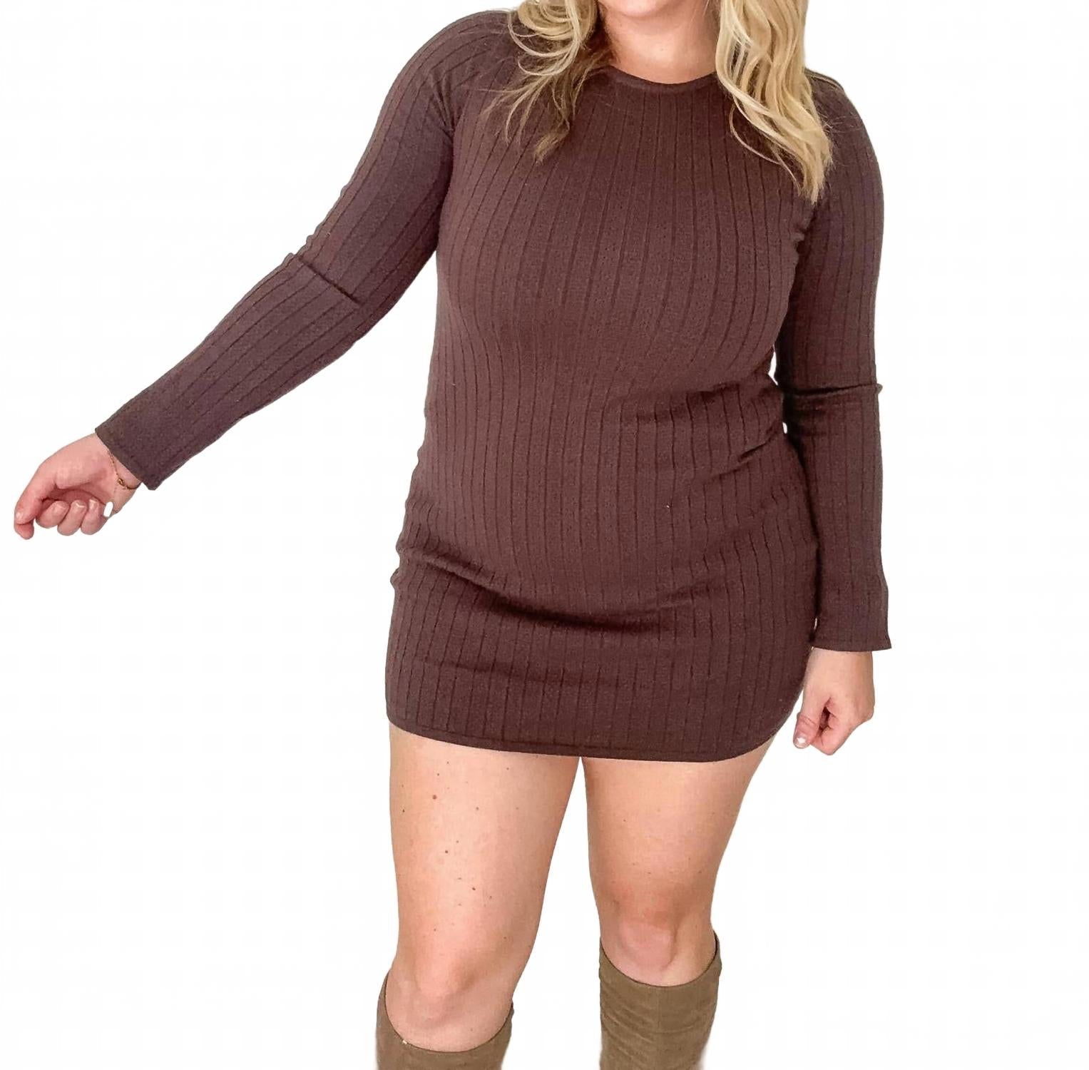 Maren Pointelle Sweater Dress In Brown
