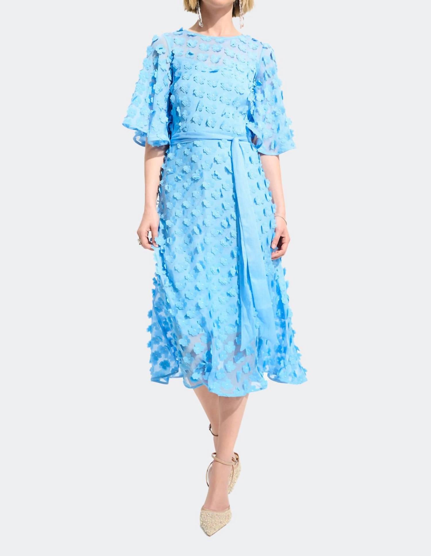 Signature 3D Chiffon Fit And Flare Dress With Sash In Sky Blue