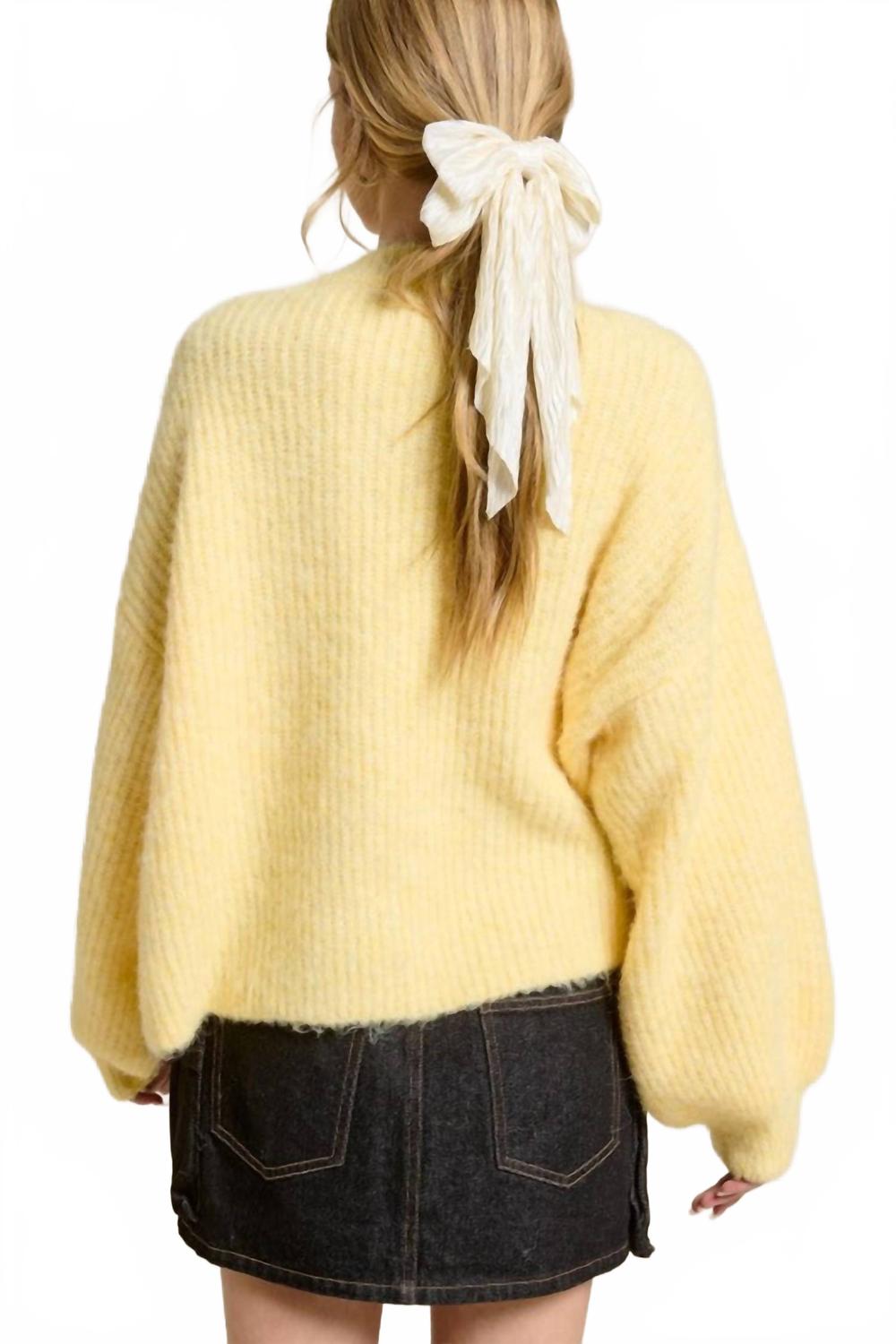 Balloon Sleeve Knit Cardigan In Yellow