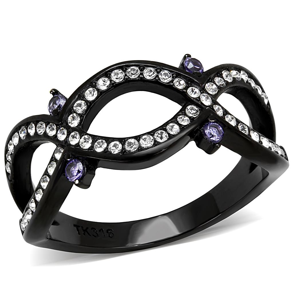 IP Black(Ion Plating) Stainless Steel Ring with AAA Grade CZ in Amethyst
