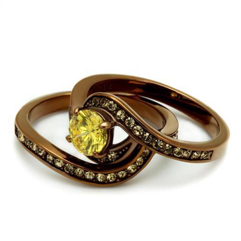 IP Coffee light Stainless Steel Ring with AAA Grade CZ in Topaz