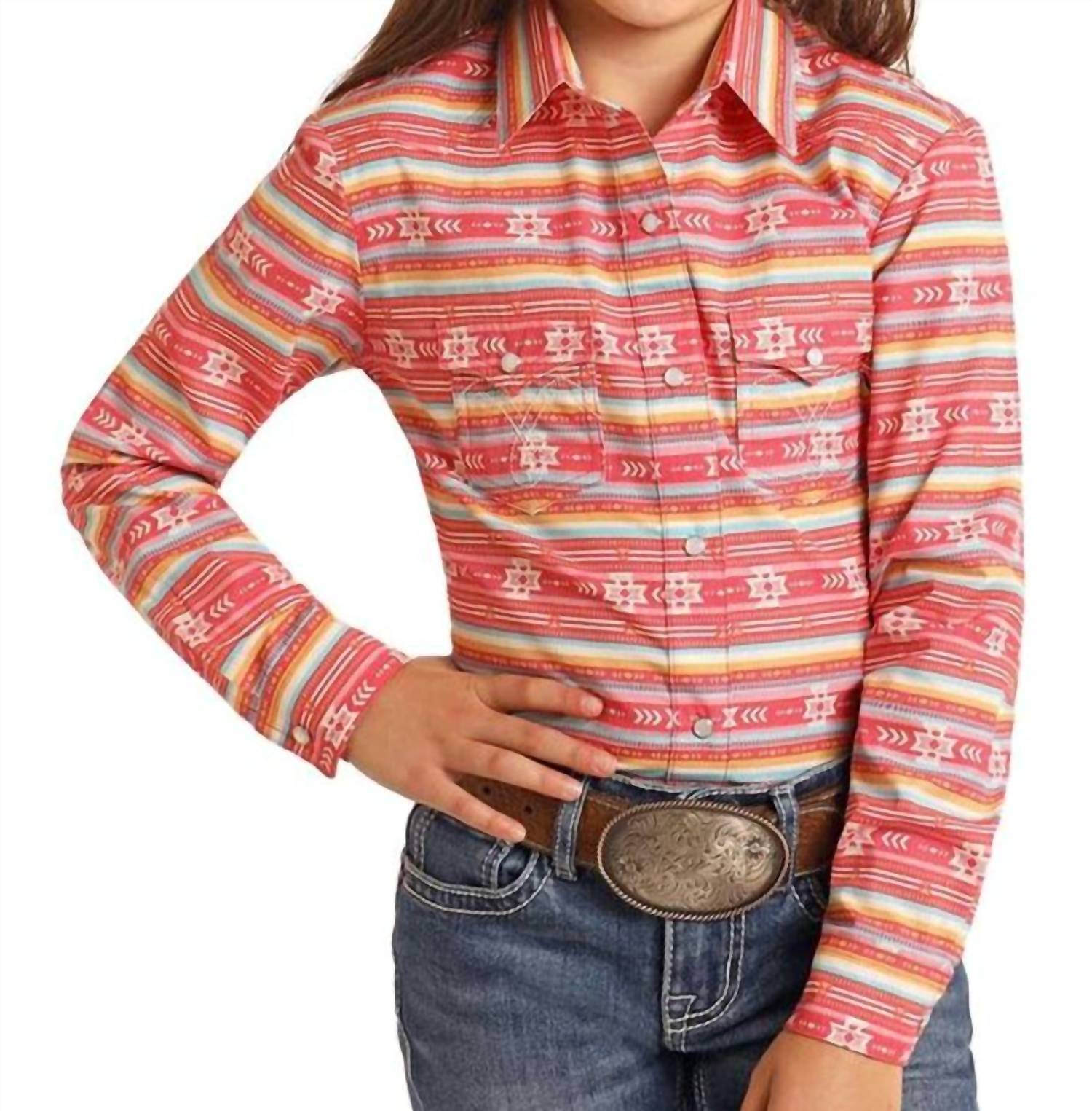 Girls Slim Southwest Print Snap Closure Shirt In Rose/mauve