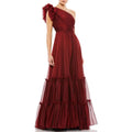 One Shoulder Tiered Organza Gown In Wine