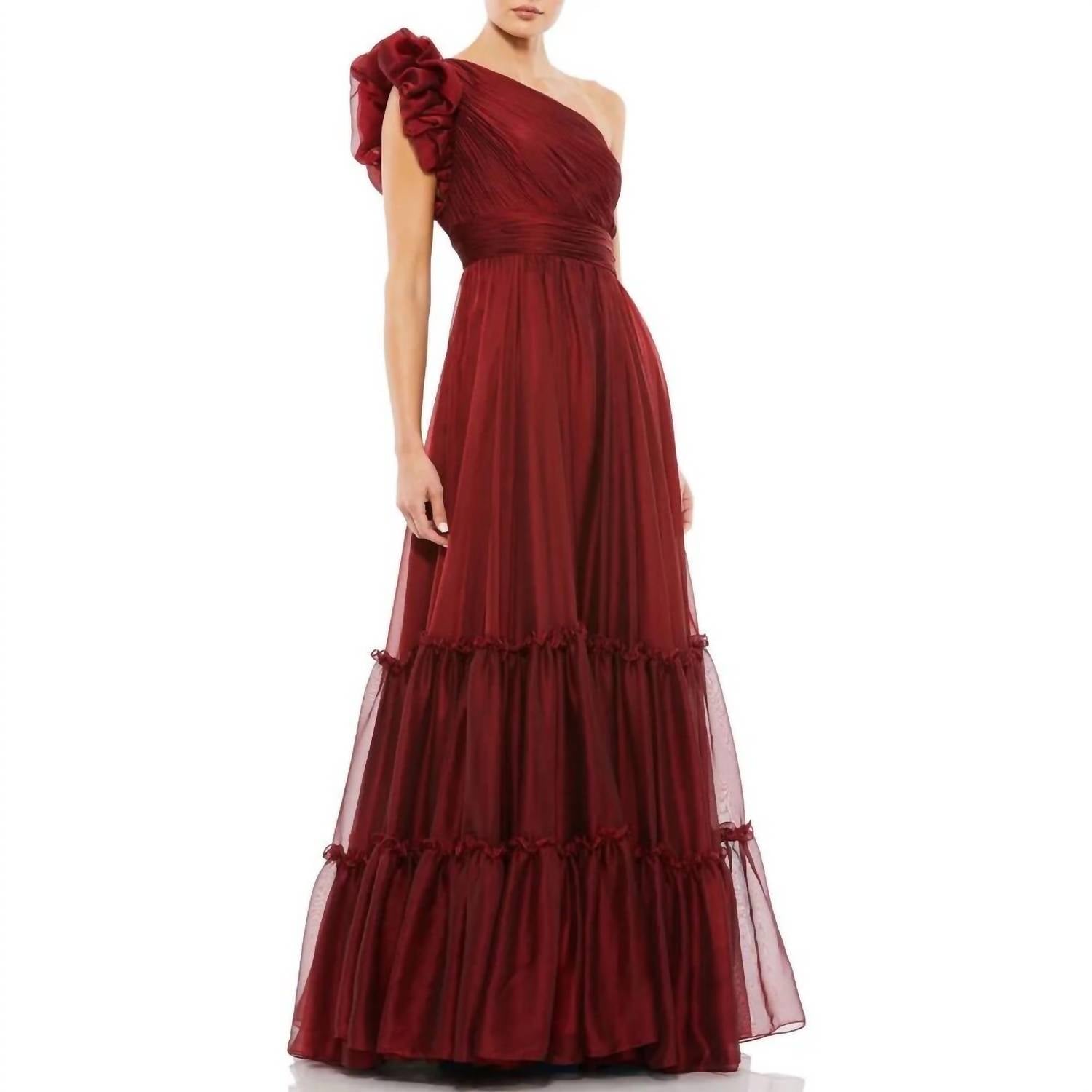 One Shoulder Tiered Organza Gown In Wine