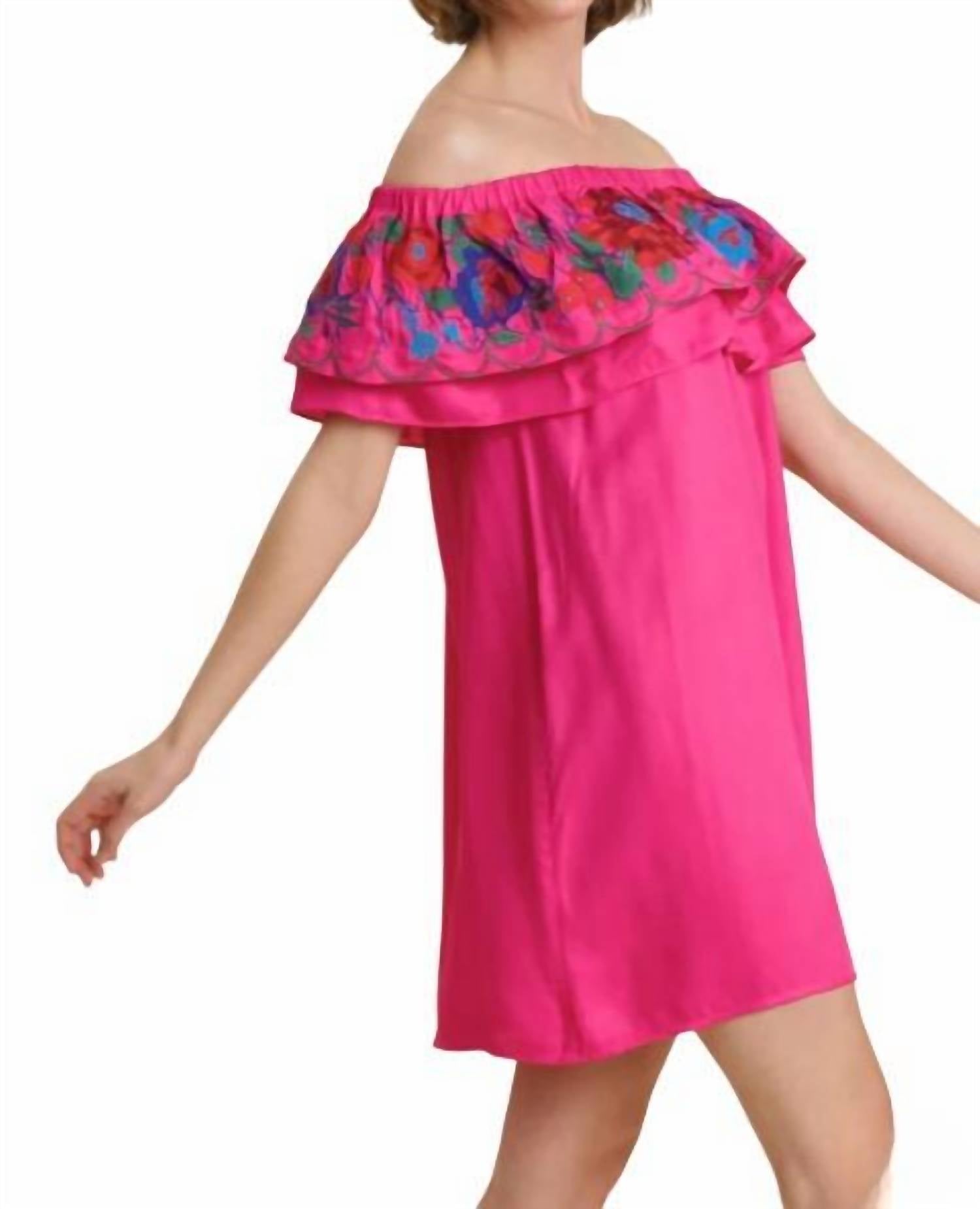 Floral Embroidered Ruffled Dress In Fuchsia