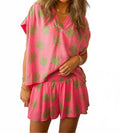 Placket Shirred Sleeve Band Top In Summer Palms