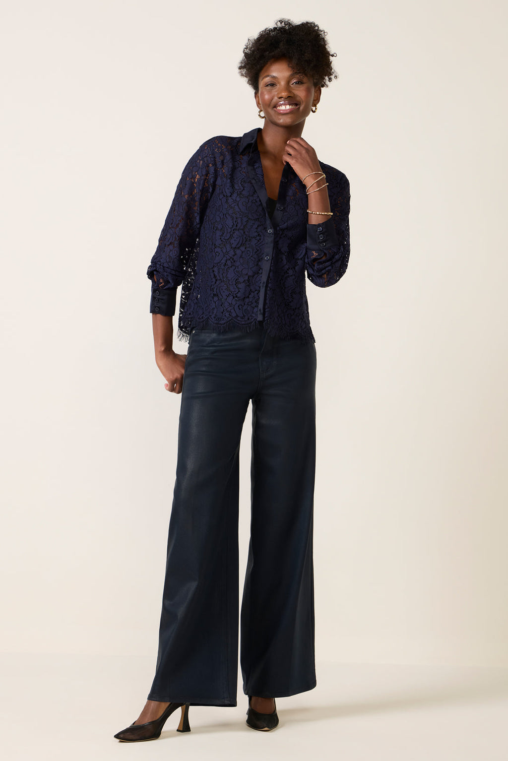 Women's Lace Contrast Button Down Shirt