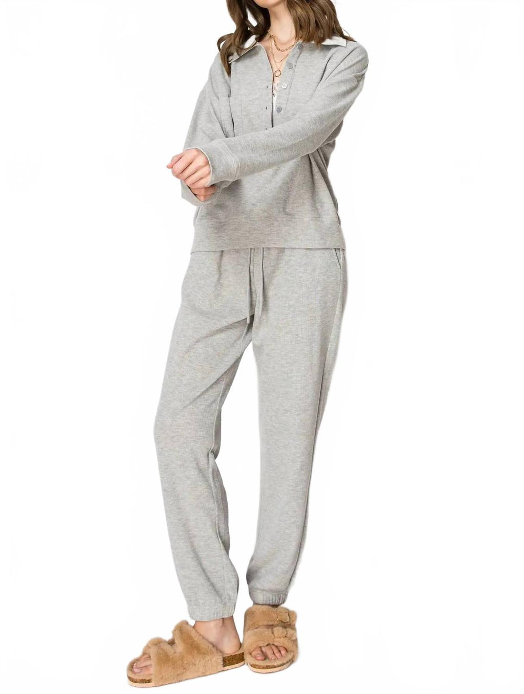 Waffle Knit Jogger Set In Grey