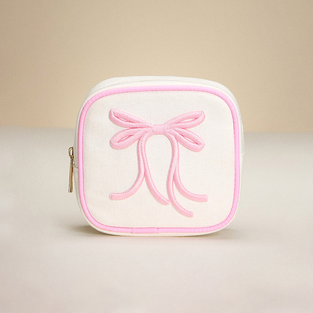 Bow Embroidered Square Canvas Pouch Bag / Organizer