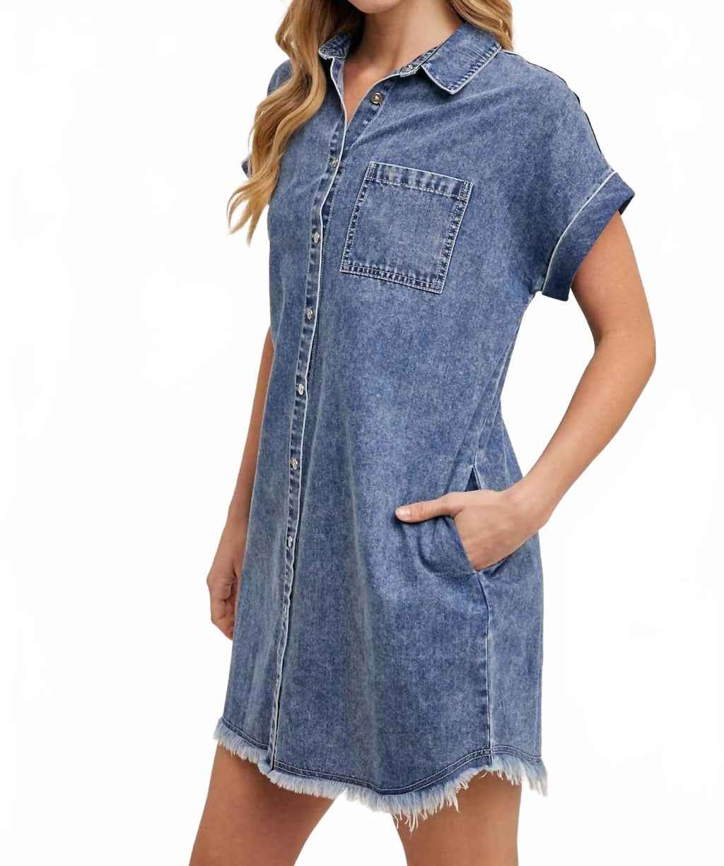Frayed Hem Denim Shirt Dress In Blue