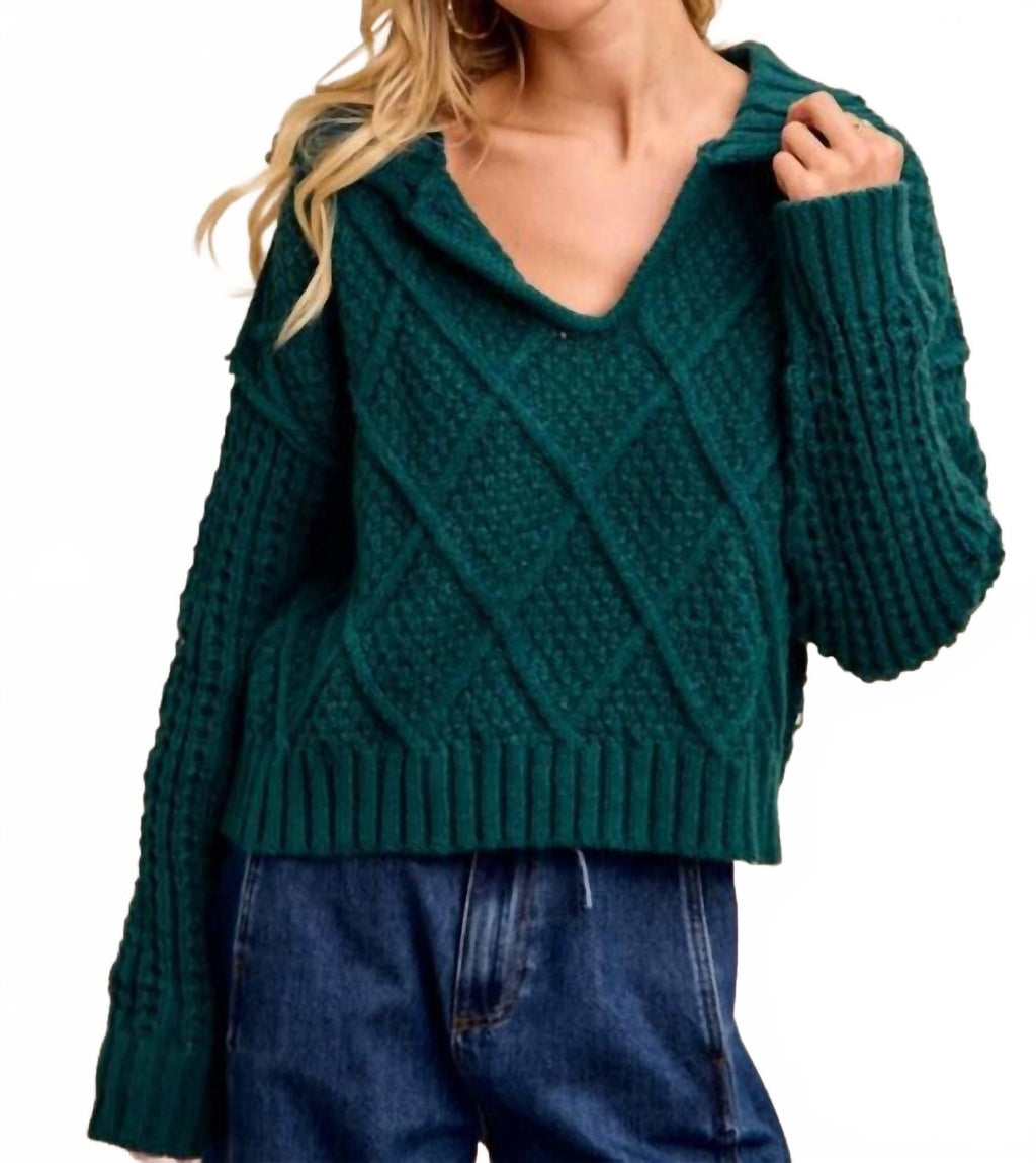 Diamond Patterned Collared Sweater Top In Hunter