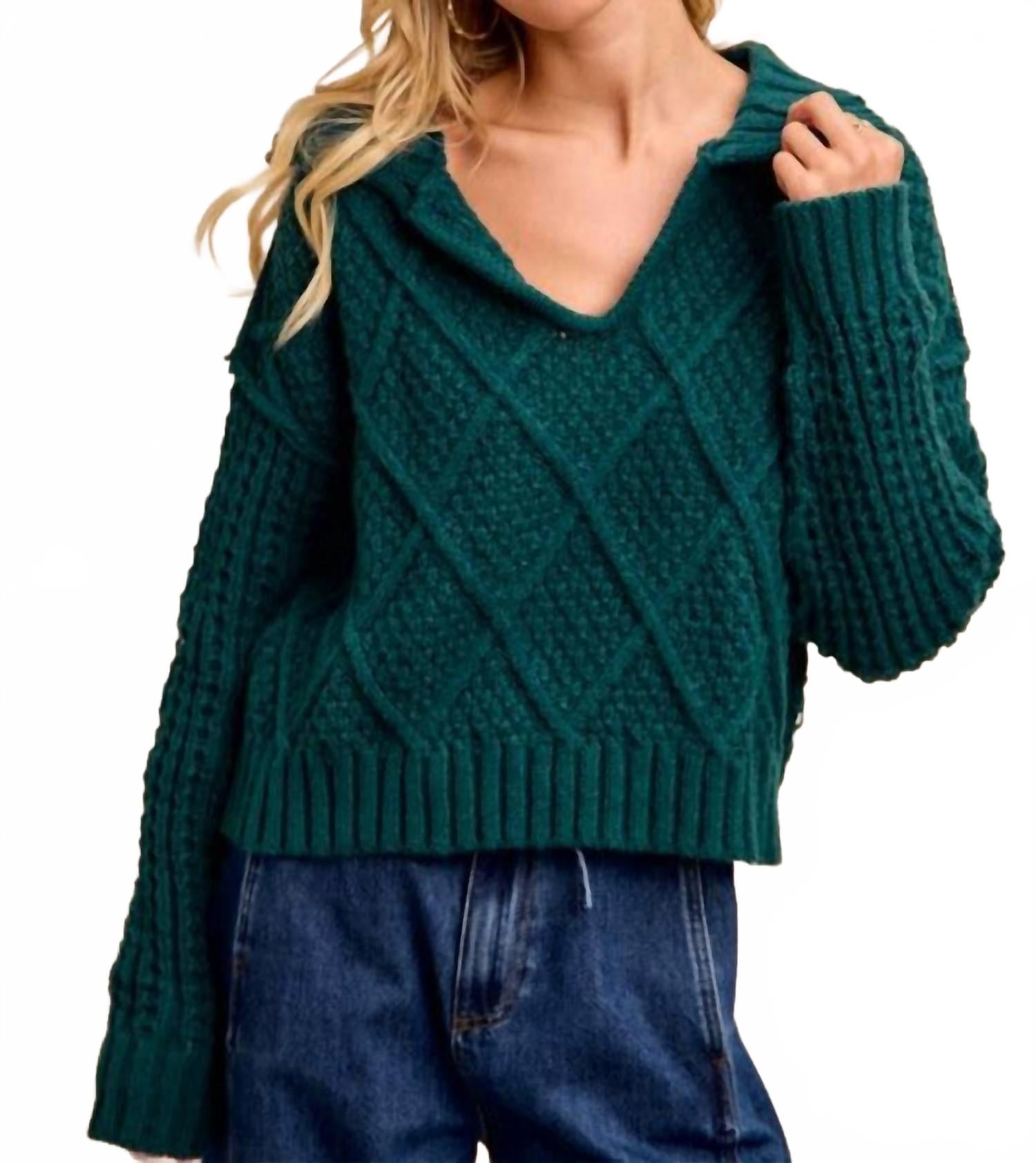 Diamond Patterned Collared Sweater Top In Hunter