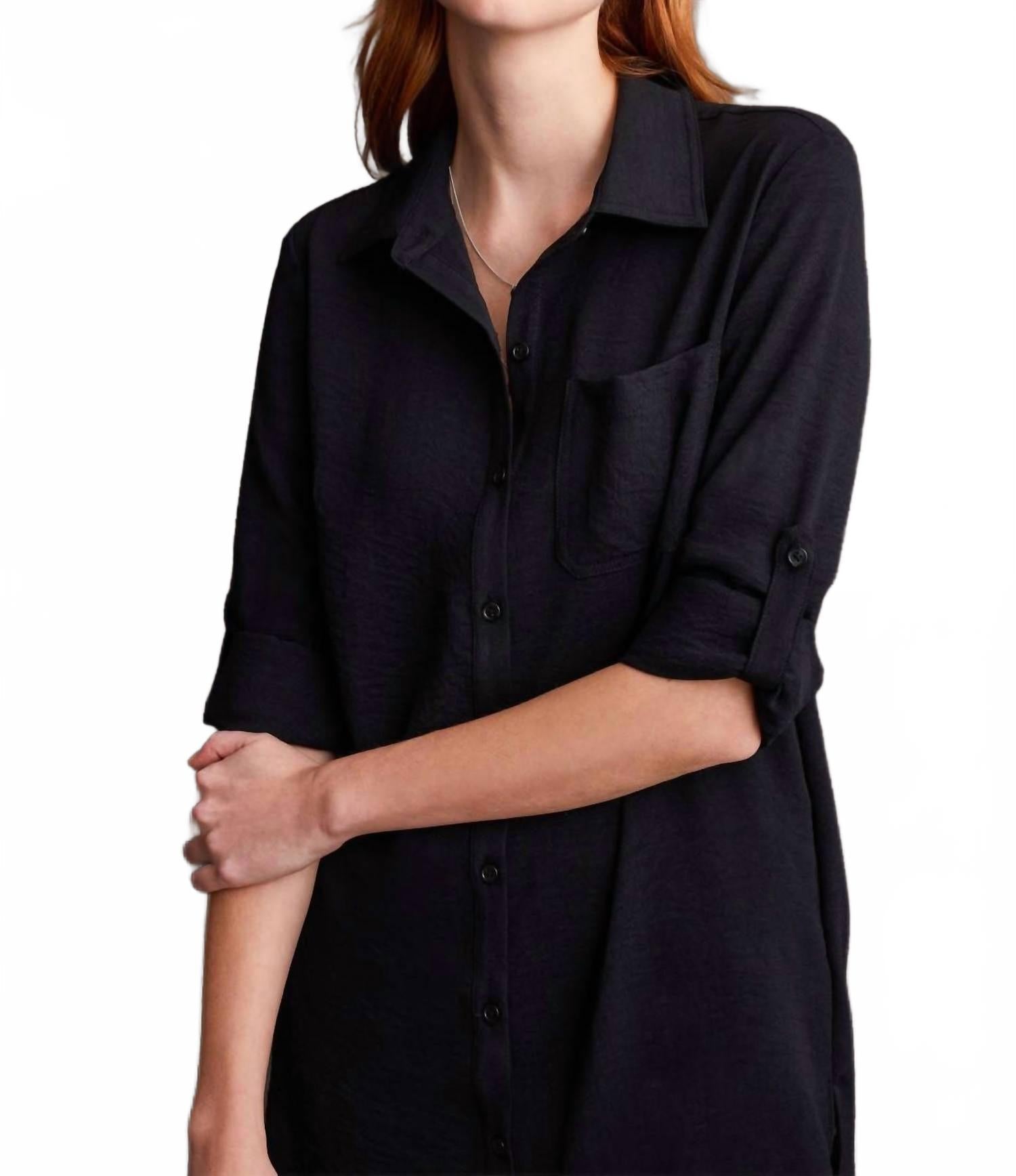 Pebbled Crepe Roll Sleeve Tunic Top In Black