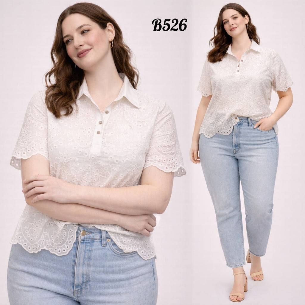 White Eyelet Polo Blouse