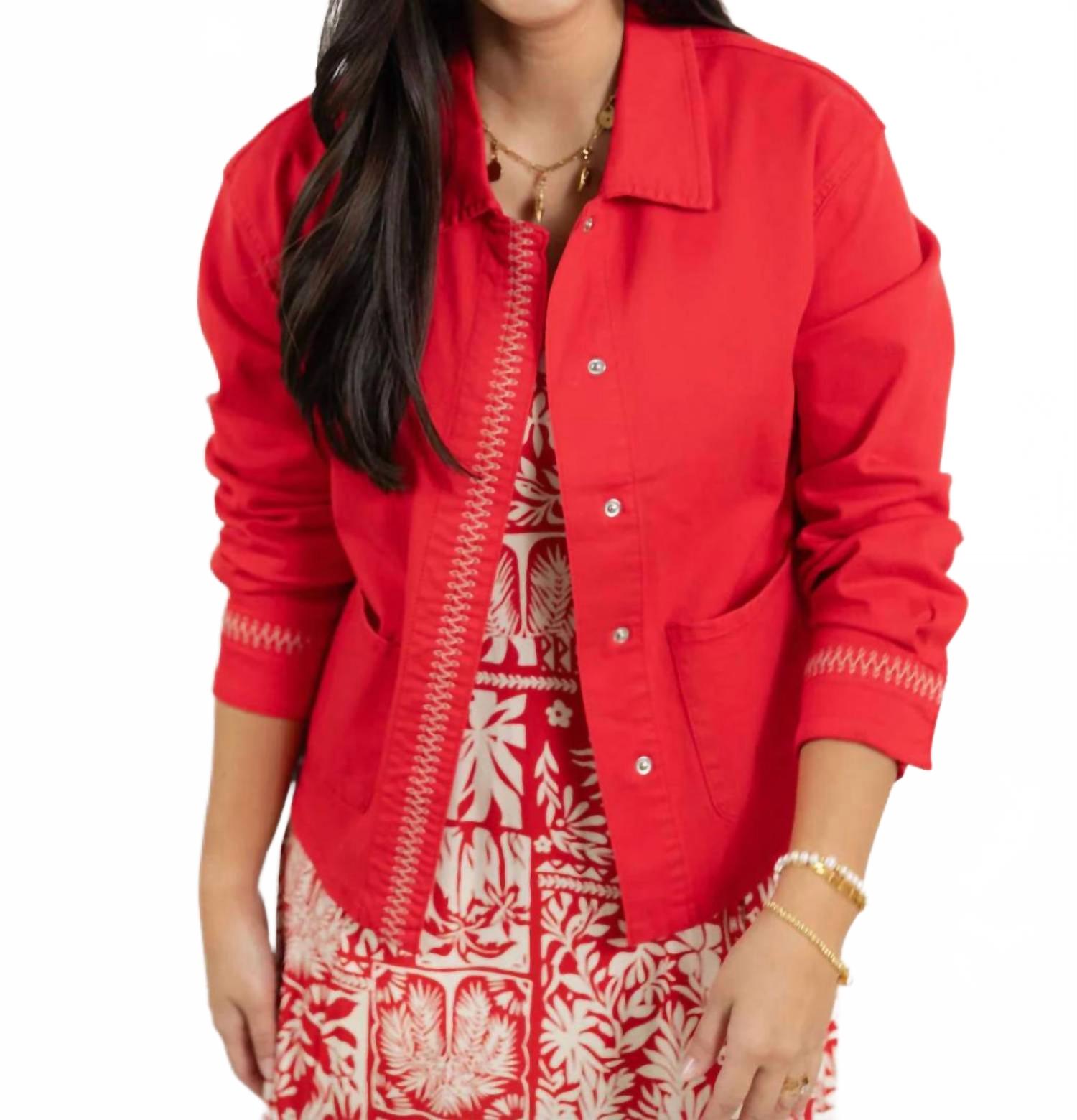 Embroidered Placket Jacket In Sangria