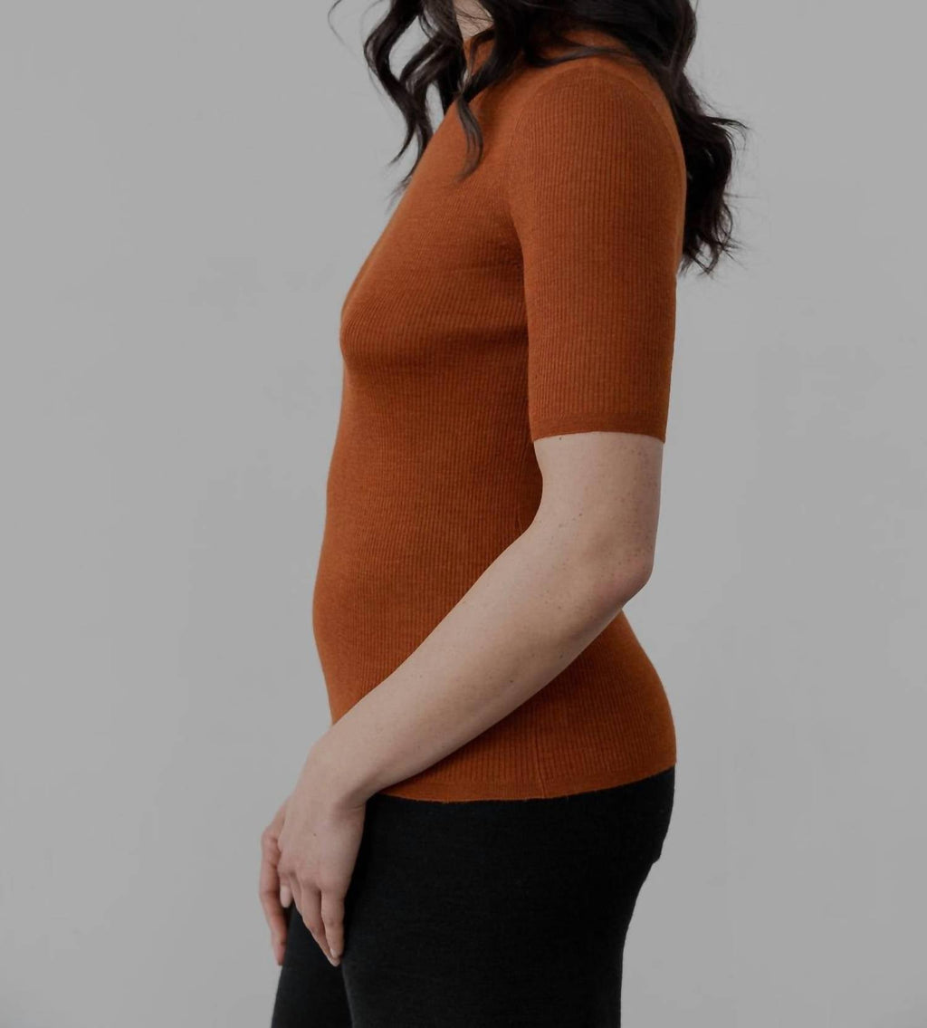 Mock Neck Ribbed Pullover In Rust