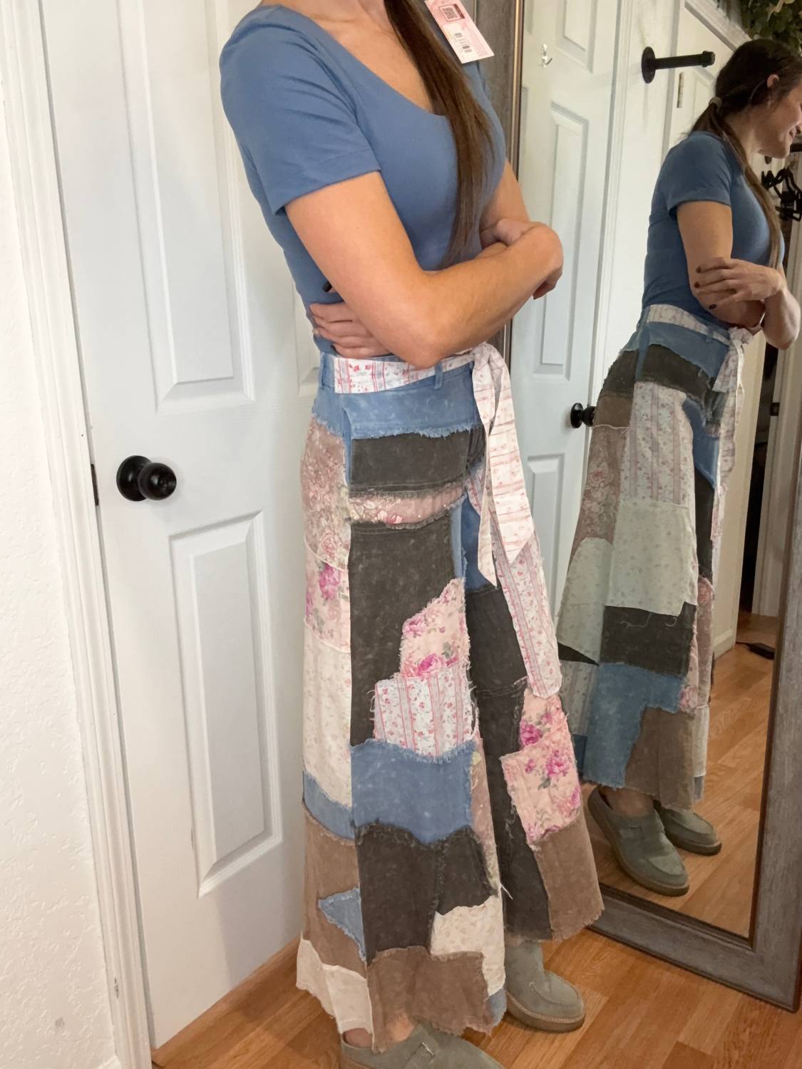 Patty Patchwork Chambray Denim Pants In Pink Multi