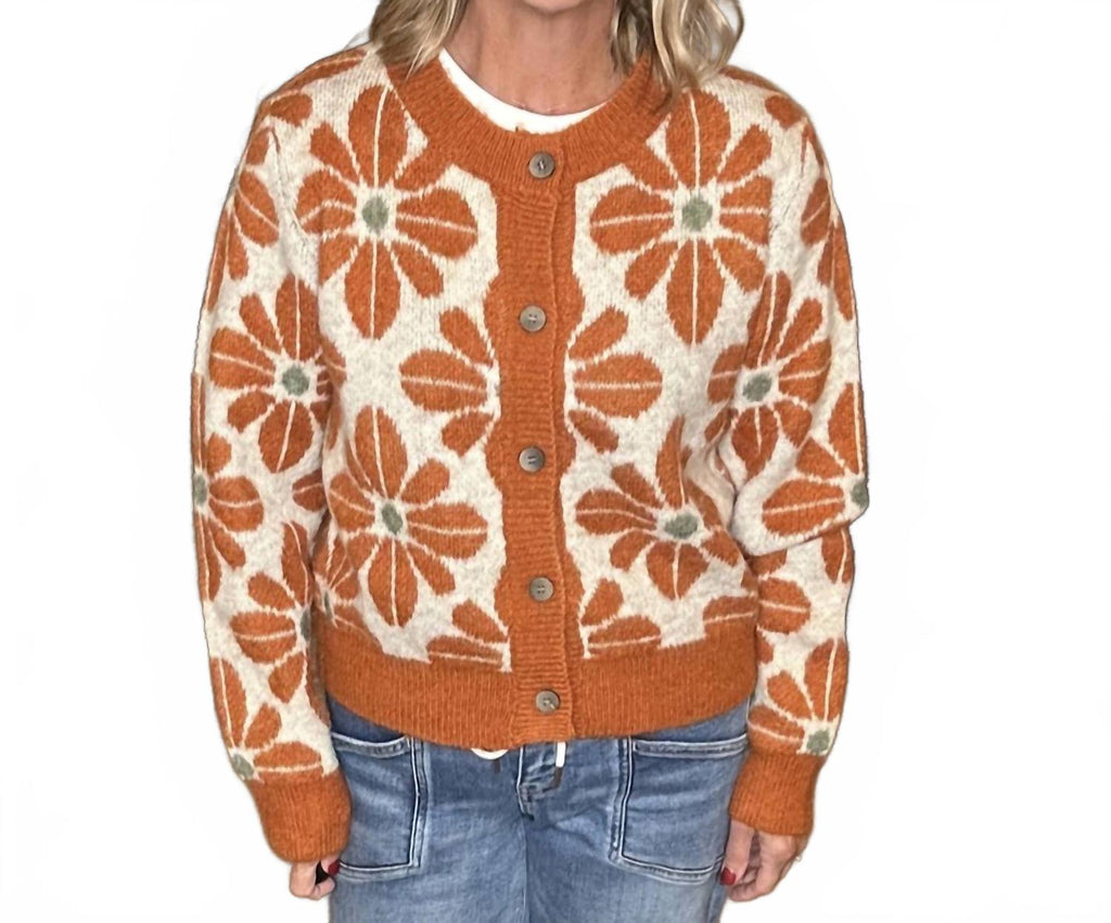 Floral Cardigan Sweater In Rust