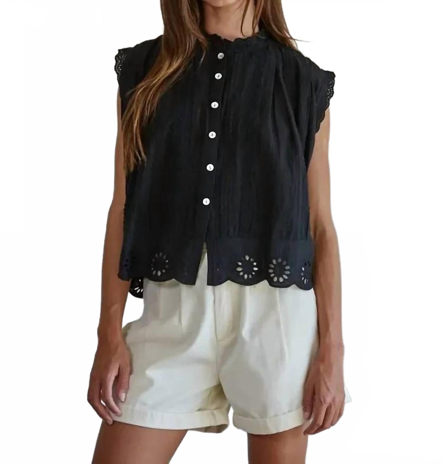 Adva Eyelet Button-Down Top In Black