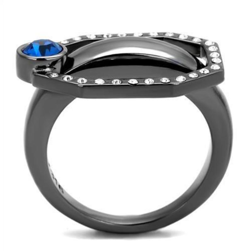 IP Light Black Stainless Steel Ring with Top Grade Crystal in Capri Blue