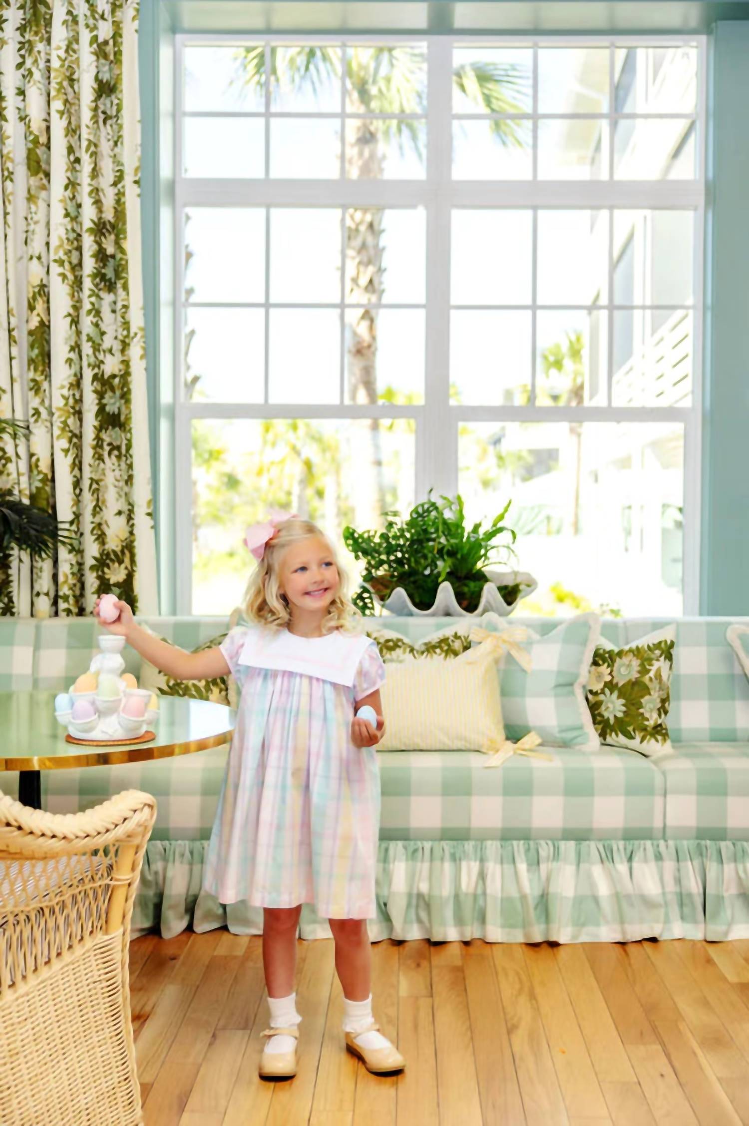 Girl's Stewart's Square Collar Dress In Brunch Plate Plaid With Palm Beach Pink