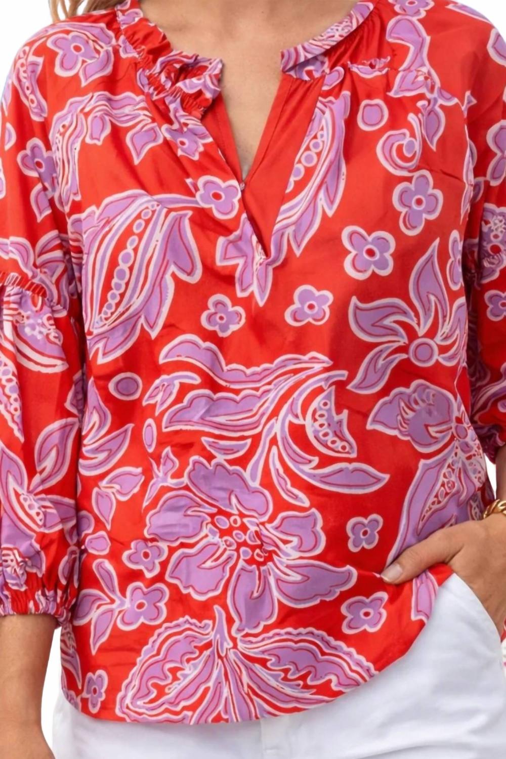 Trimmed Peasant Top In Orange, Purple
