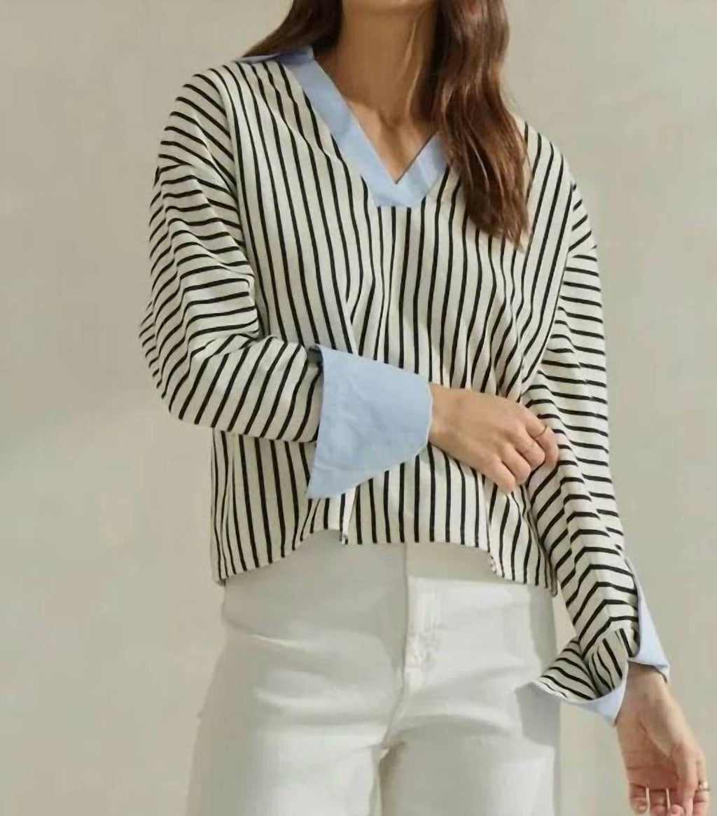 Stripe V-Neck Blouse In Black/white